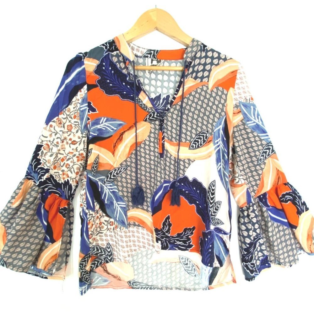 Jaase boho tassel tie bell sleeve blouse top XS
